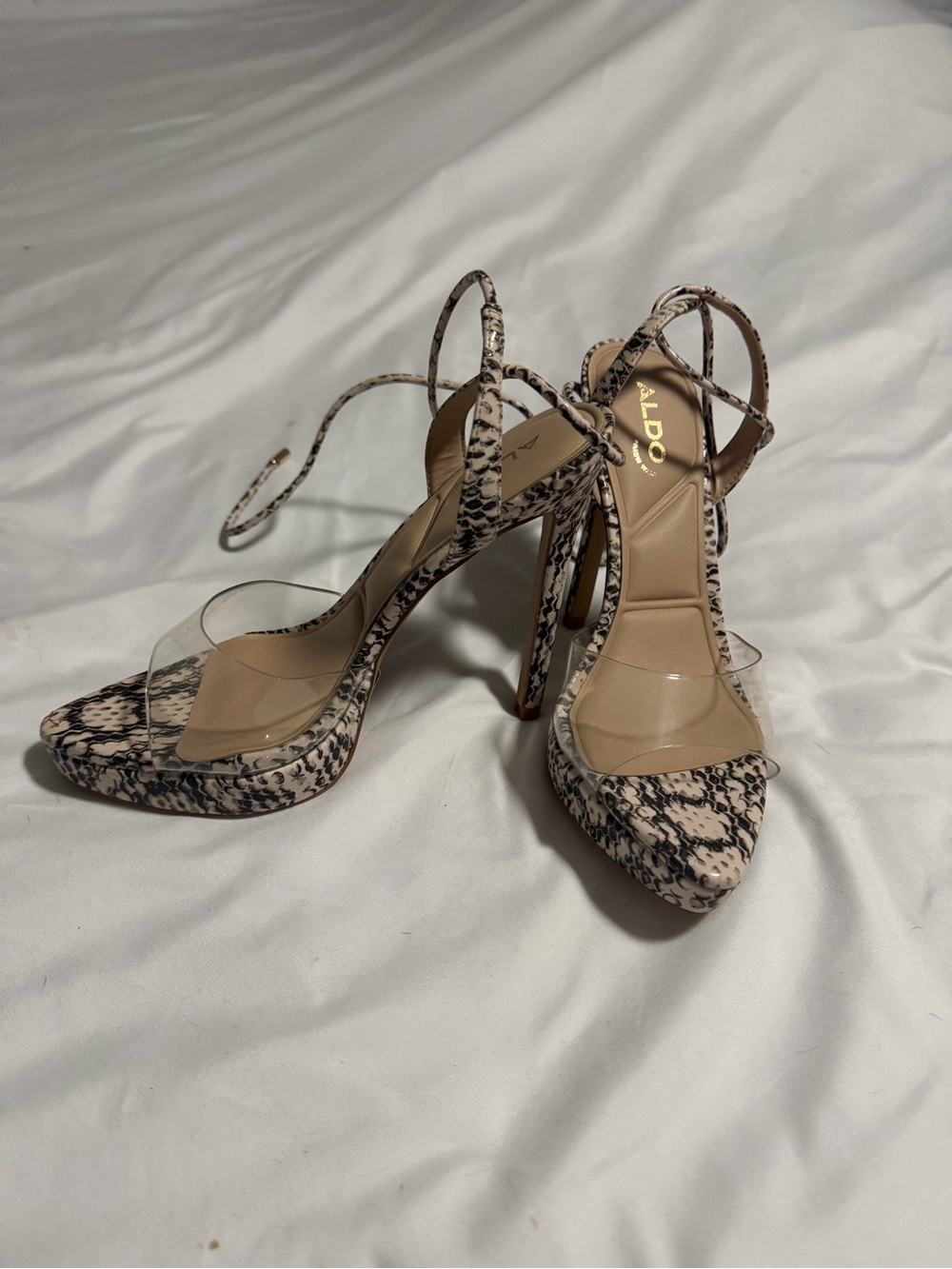 Aldo Snakeskin Lace-Up Stiletto Sandals in Beige and Black with Clear Strap